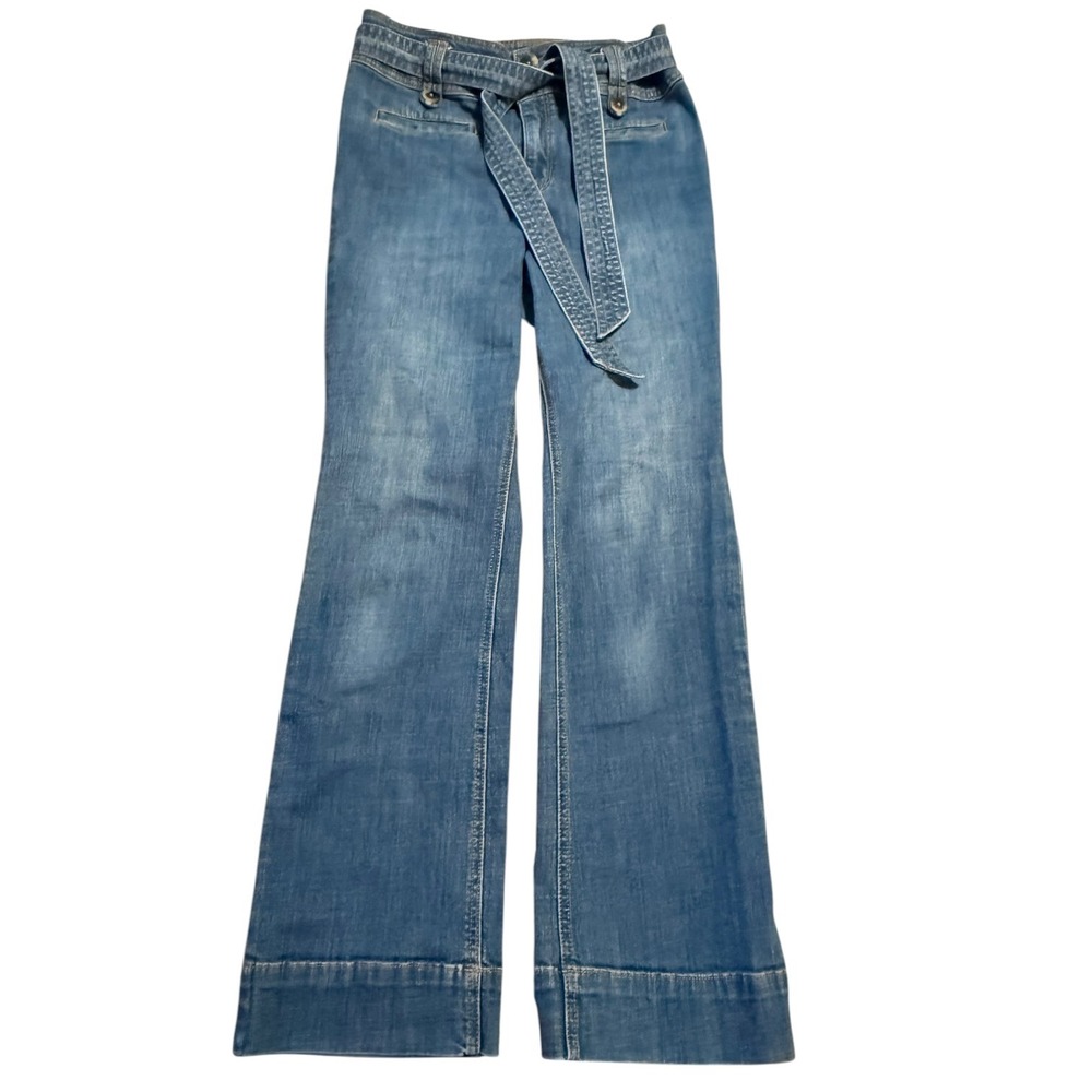 Anthropologie Pilcro Wide Leg Jeans 30 Tall Blue Denim Belted High Rise Flare